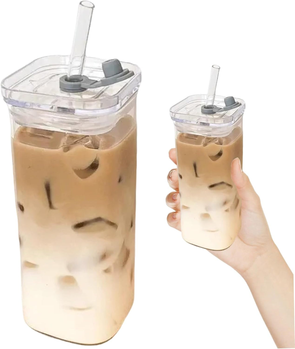 Square Glass Cup With Lid and Straw