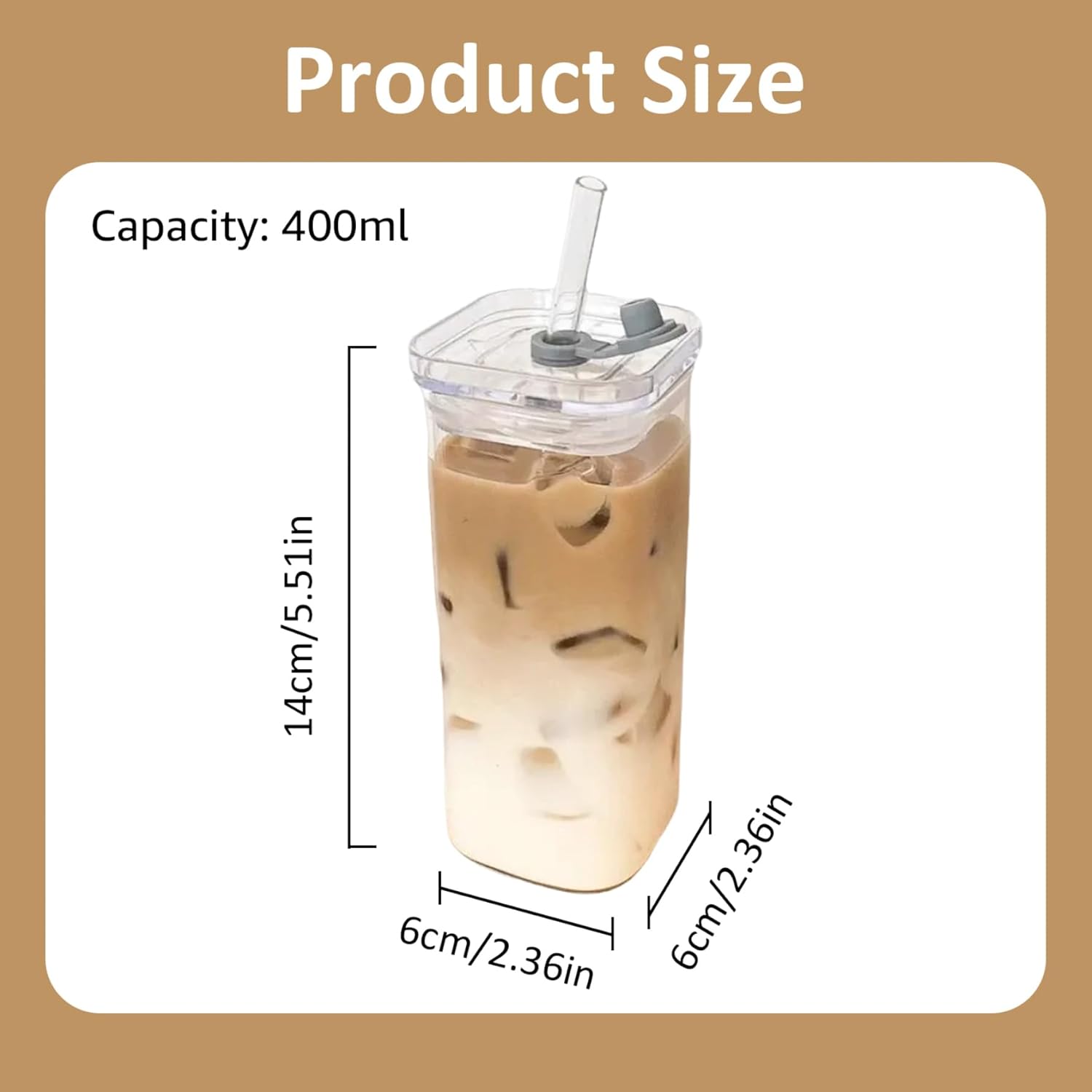 Square Glass Cup With Lid and Straw