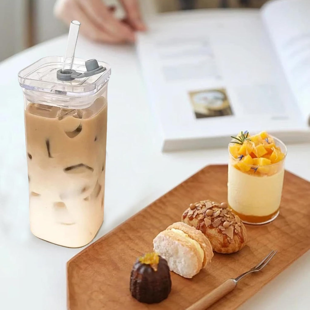 Square Glass Cup With Lid and Straw