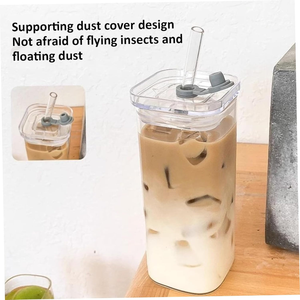 Square Glass Cup With Lid and Straw