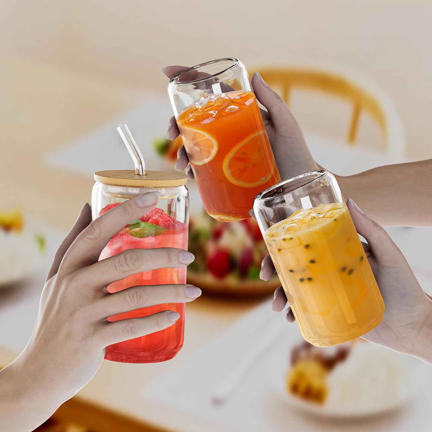 Glass Cups with Bamboo Lids and Straws