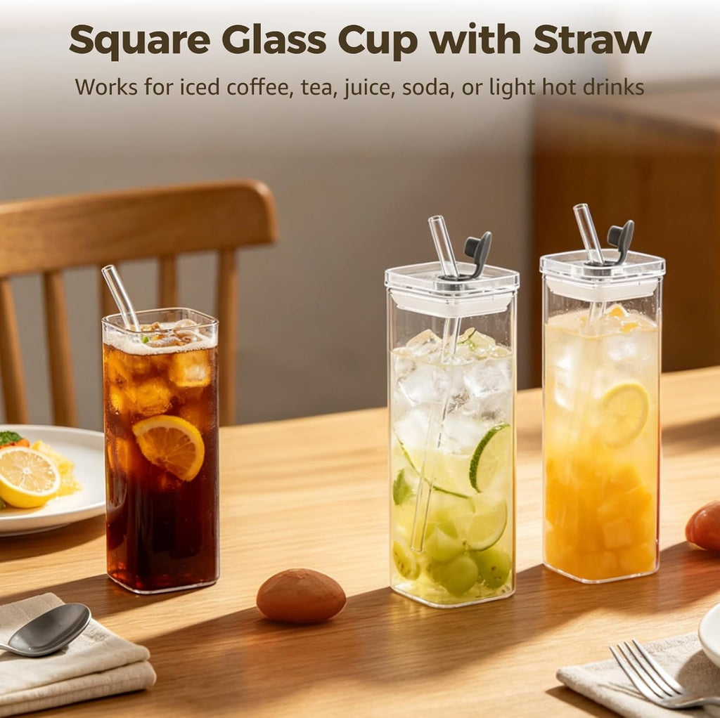 Square Glass Cup With Lid and Straw