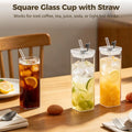 Square Glass Cup With Lid and Straw