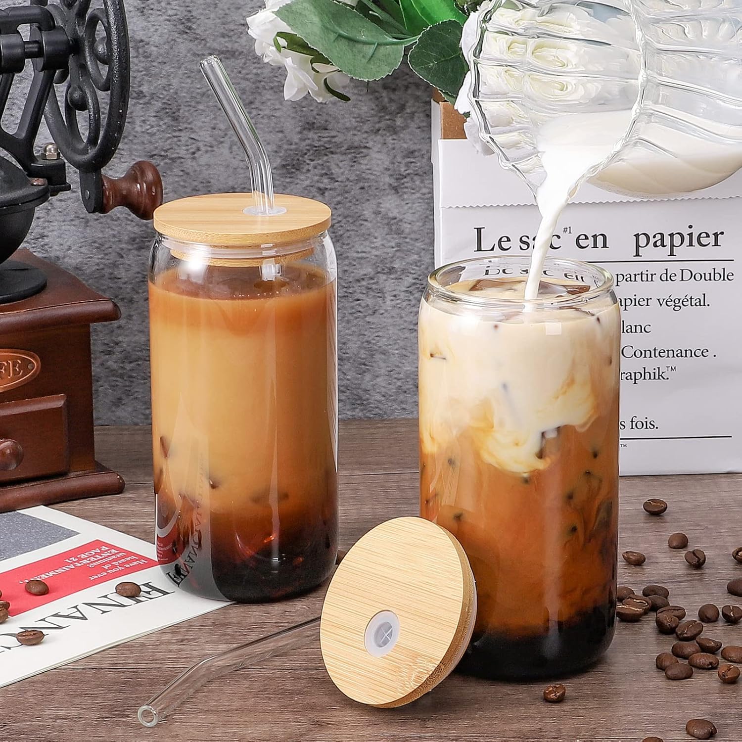 Glass Cups with Bamboo Lids and Straws