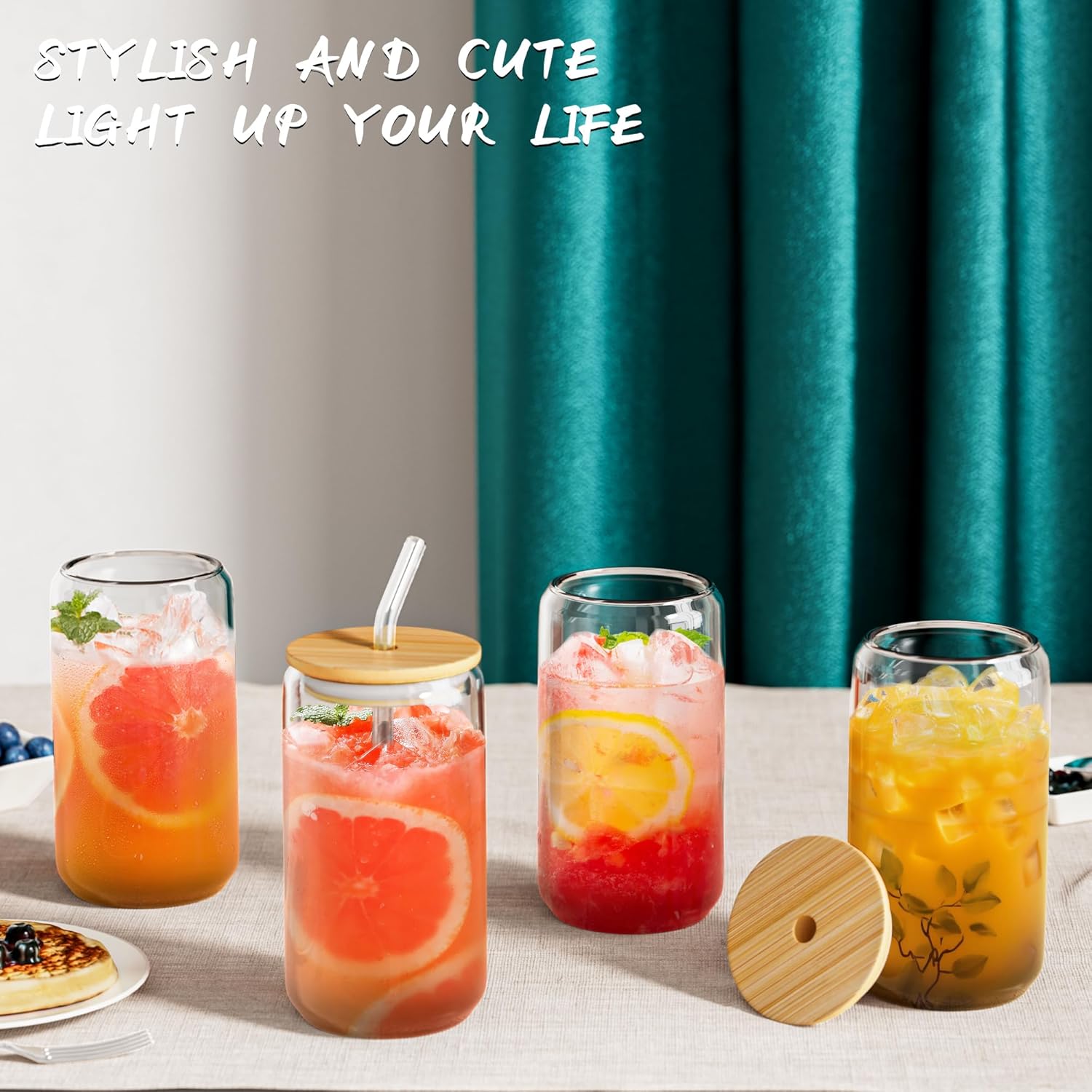 Glass Cups with Bamboo Lids and Straws
