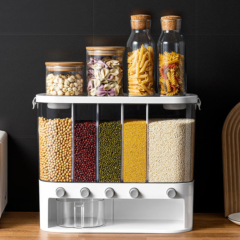 6 Grids Beans Cereal Storage Lid Grain Wall Mounted Rice Dispenser Box Organizer