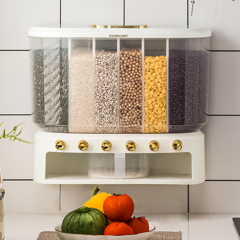 6 Grids Beans Cereal Storage Lid Grain Wall Mounted Rice Dispenser Box Organizer