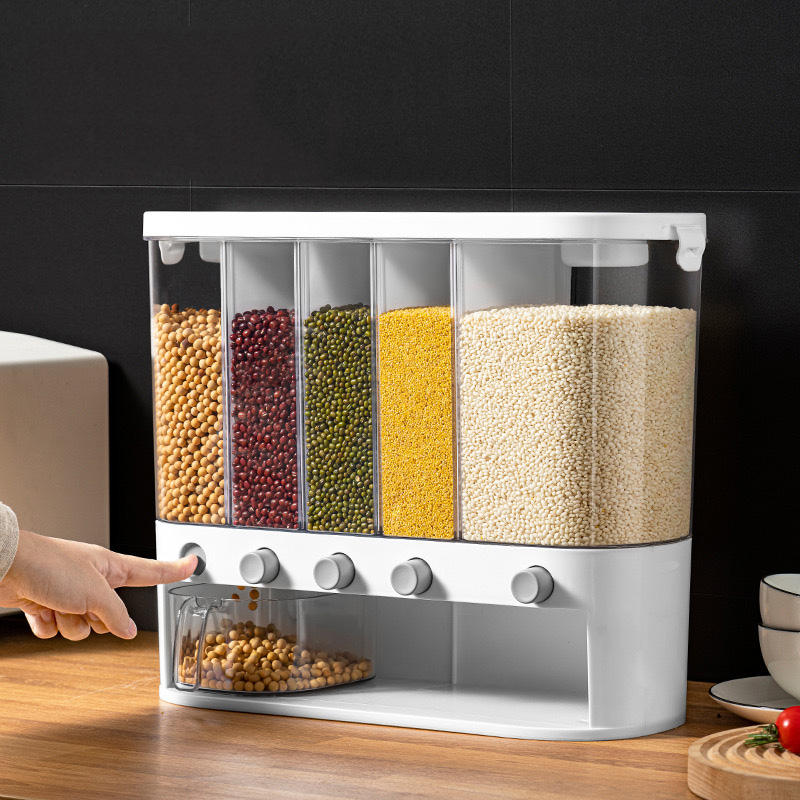 6 Grids Beans Cereal Storage Lid Grain Wall Mounted Rice Dispenser Box Organizer