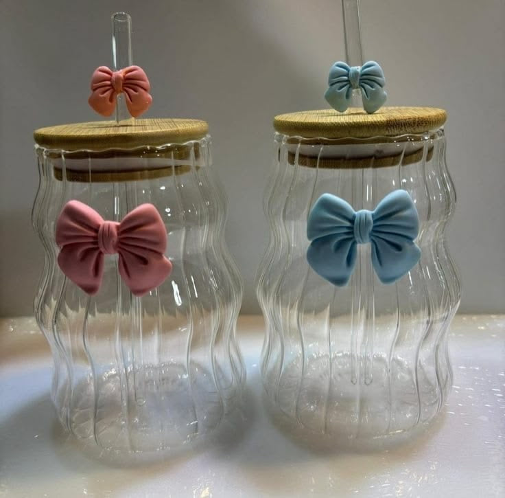 Premium 500Ml Lined Glass Cup With Bow – Aesthetic Ribbed Drinking Glass