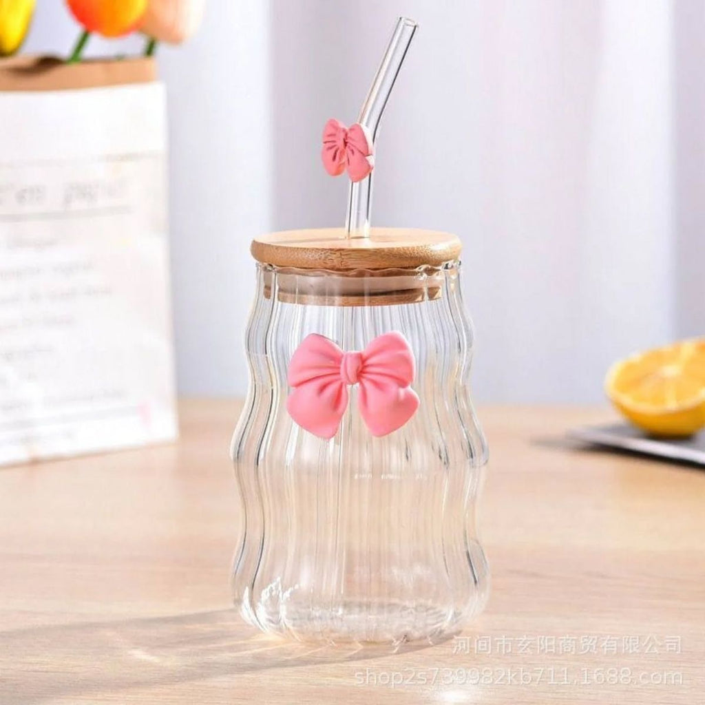 Premium 500Ml Lined Glass Cup With Bow – Aesthetic Ribbed Drinking Glass