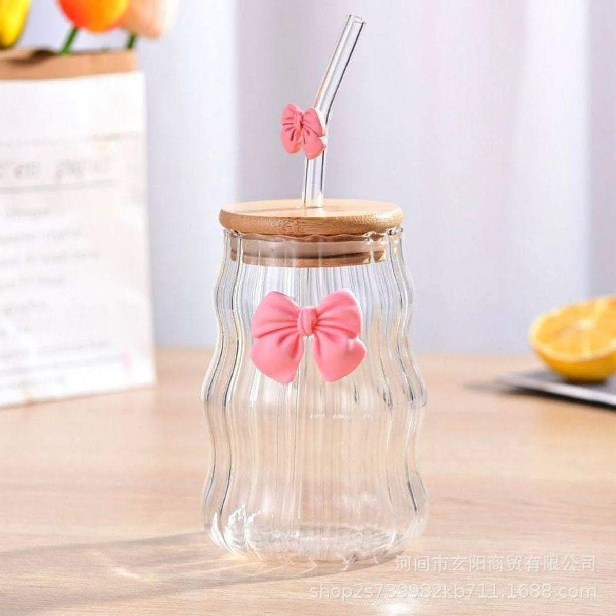 Premium 500Ml Lined Glass Cup With Bow – Aesthetic Ribbed Drinking Glass