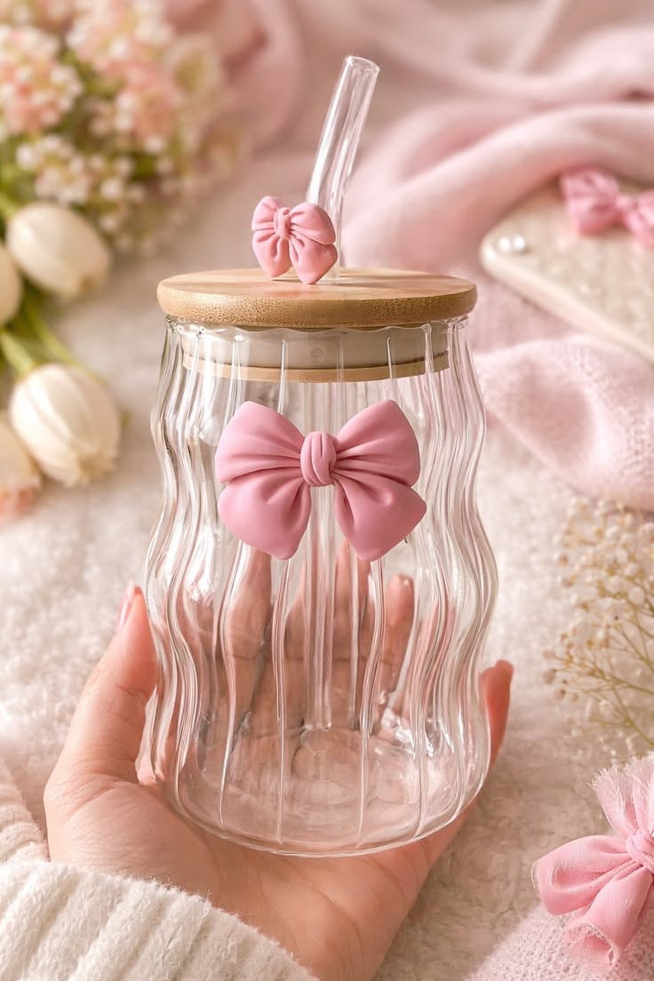 Premium 500Ml Lined Glass Cup With Bow – Aesthetic Ribbed Drinking Glass